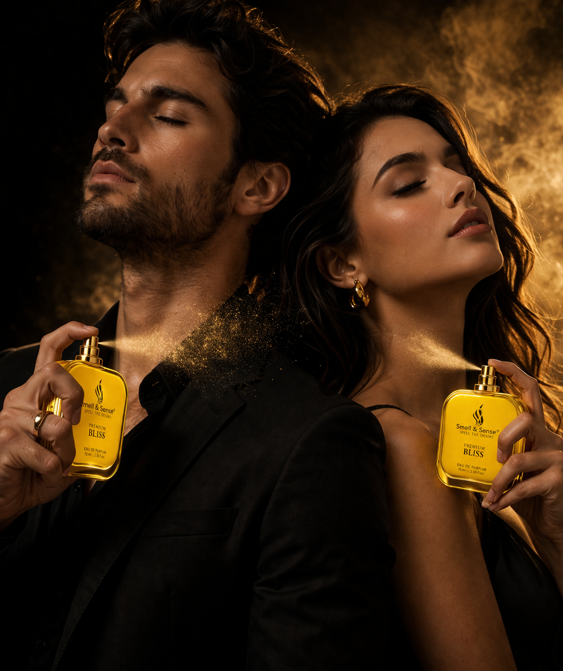 Couple applying Bliss perfume unisex long lasting fragrance fresh citrus musk scent for daily and party use