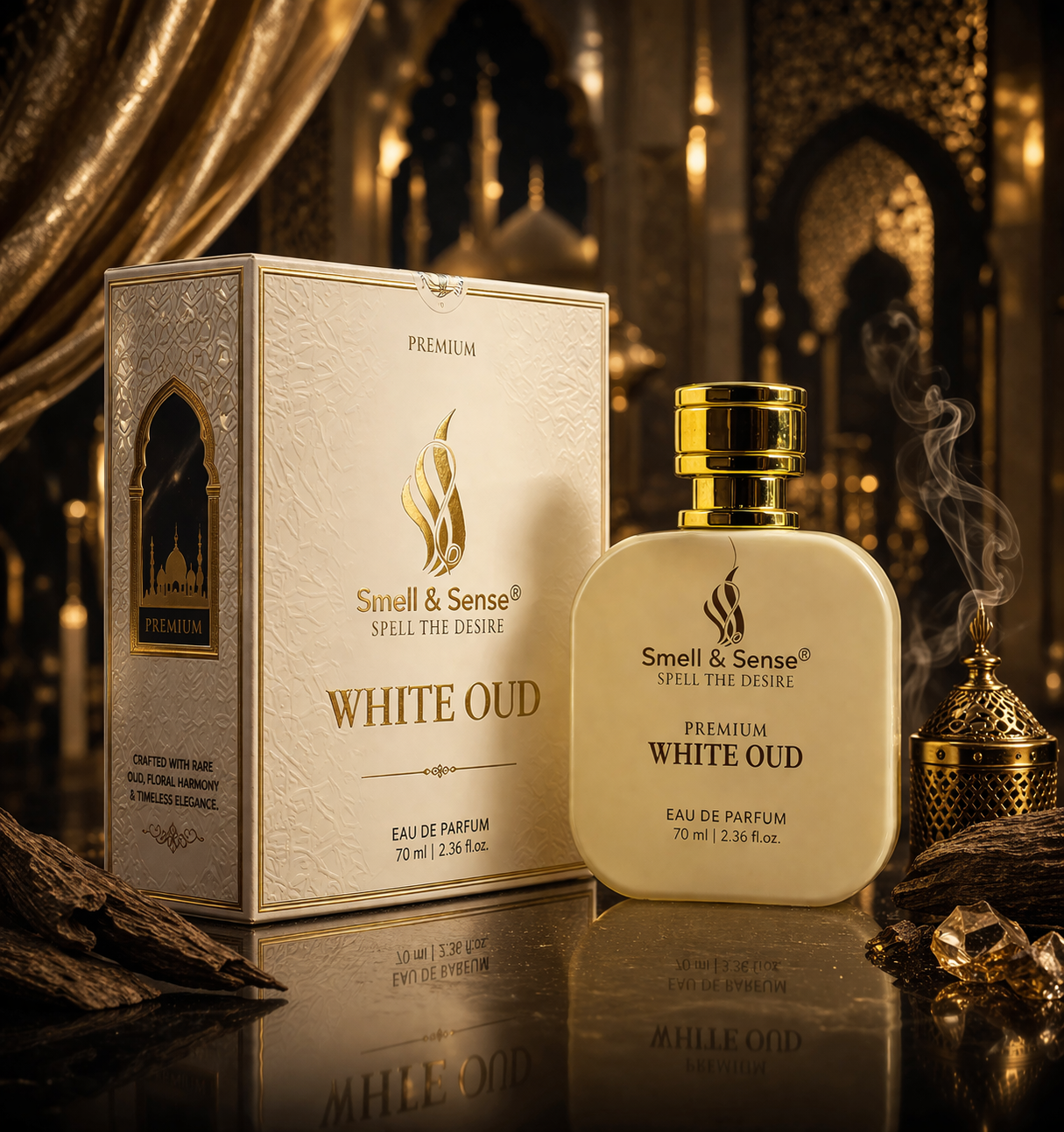 White Oud perfume by Smell & Sense premium Arabic luxury fragrance with elegant packaging and long lasting scent
