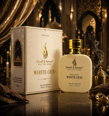 White Oud perfume by Smell & Sense premium Arabic luxury fragrance with elegant packaging and long lasting scent