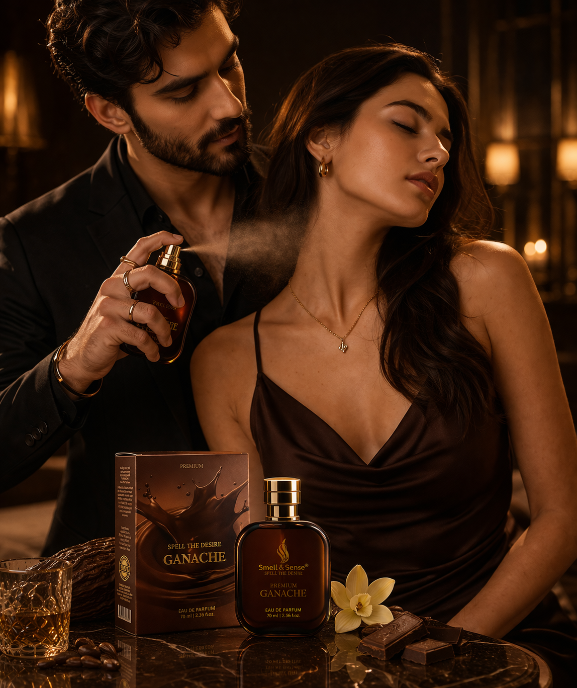 Couple applying Ganache perfume romantic chocolate fragrance unisex sweet warm scent for date night