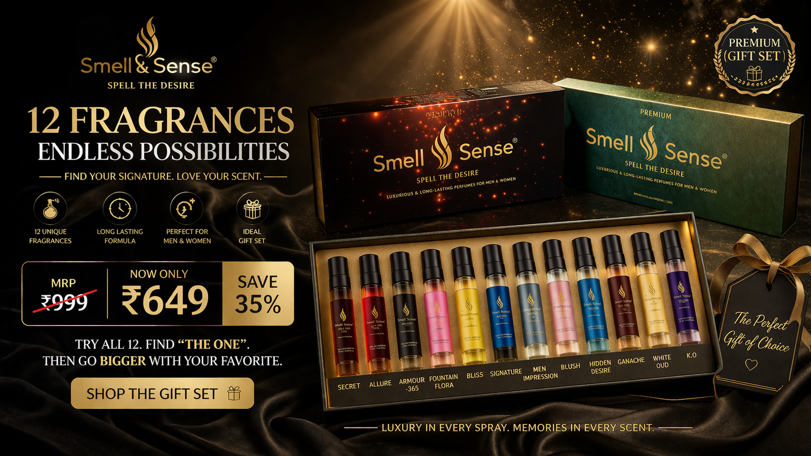 Smell & Sense premium 12 fragrance perfume gift set for men and women at best offer price ₹649, luxury long lasting perfumes combo pack perfect for gifting and discovering signature scents