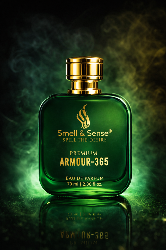 Luxury green bottle of Smell & Sense Armour 365 perfume for men with premium gold finish long lasting fresh fragrance