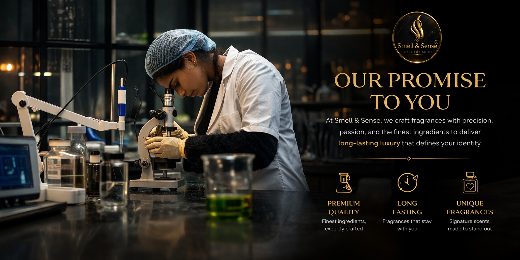 Premium perfume lab of Smell & Sense showing fragrance testing and creation process for long-lasting luxury perfumes for men and women in India