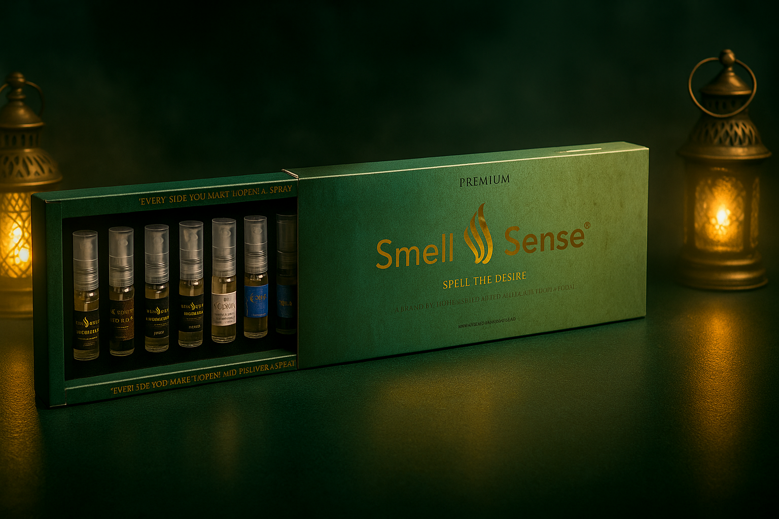Smell & Sense premium perfume gift set featuring 12 luxury fragrances in 5ml vials, displayed in an elegant green box under warm golden light with a royal aesthetic. Perfect fragrance discovery set for men and women.