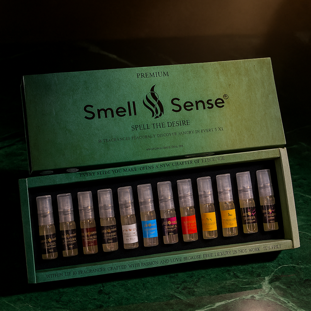 Smell & Sense Royal Essence 12×5ml luxury perfume gift set featuring 12 handcrafted unisex fragrances in an elegant green box, displayed on a royal marble surface with soft light reflecting timeless sophistication.