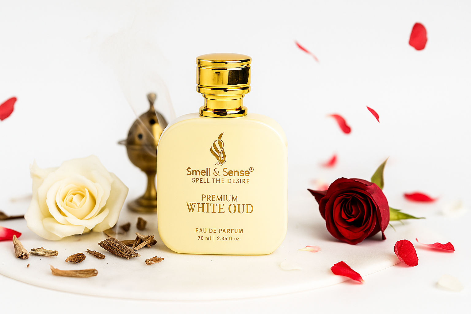Smell & Sense® White Oud premium unisex perfume  a unique blend of rich oud and soft rose, offering luxury, elegance, and long-lasting fragrance for men and women.