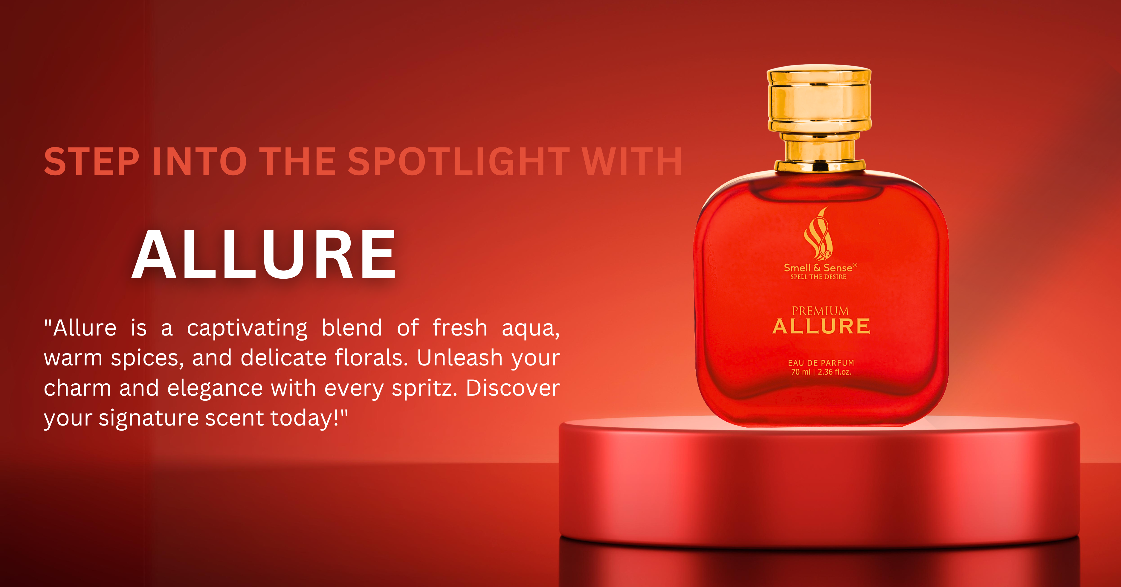 Allure perfume bottle elegantly displayed, showcasing its captivating blend of fresh aqua, warm spices, and delicate florals, perfect for the modern woman seeking elegance and charm.