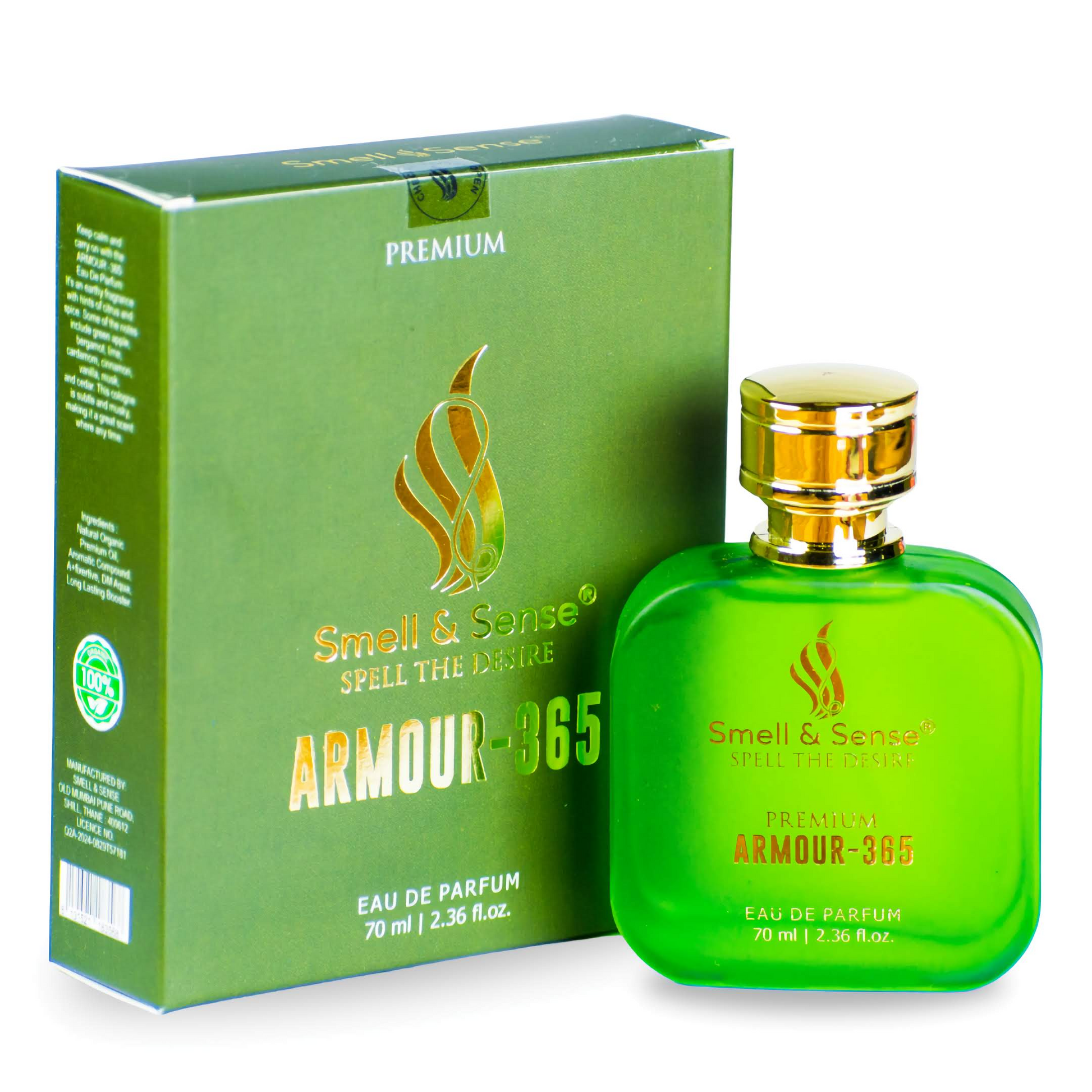 Armour 365 unisex fragrance by Smell & Sense – long-lasting, fresh, and spicy with notes of green 
apple, bergamot, cinnamon, and musk in a sleek, modern bottle for daily use.