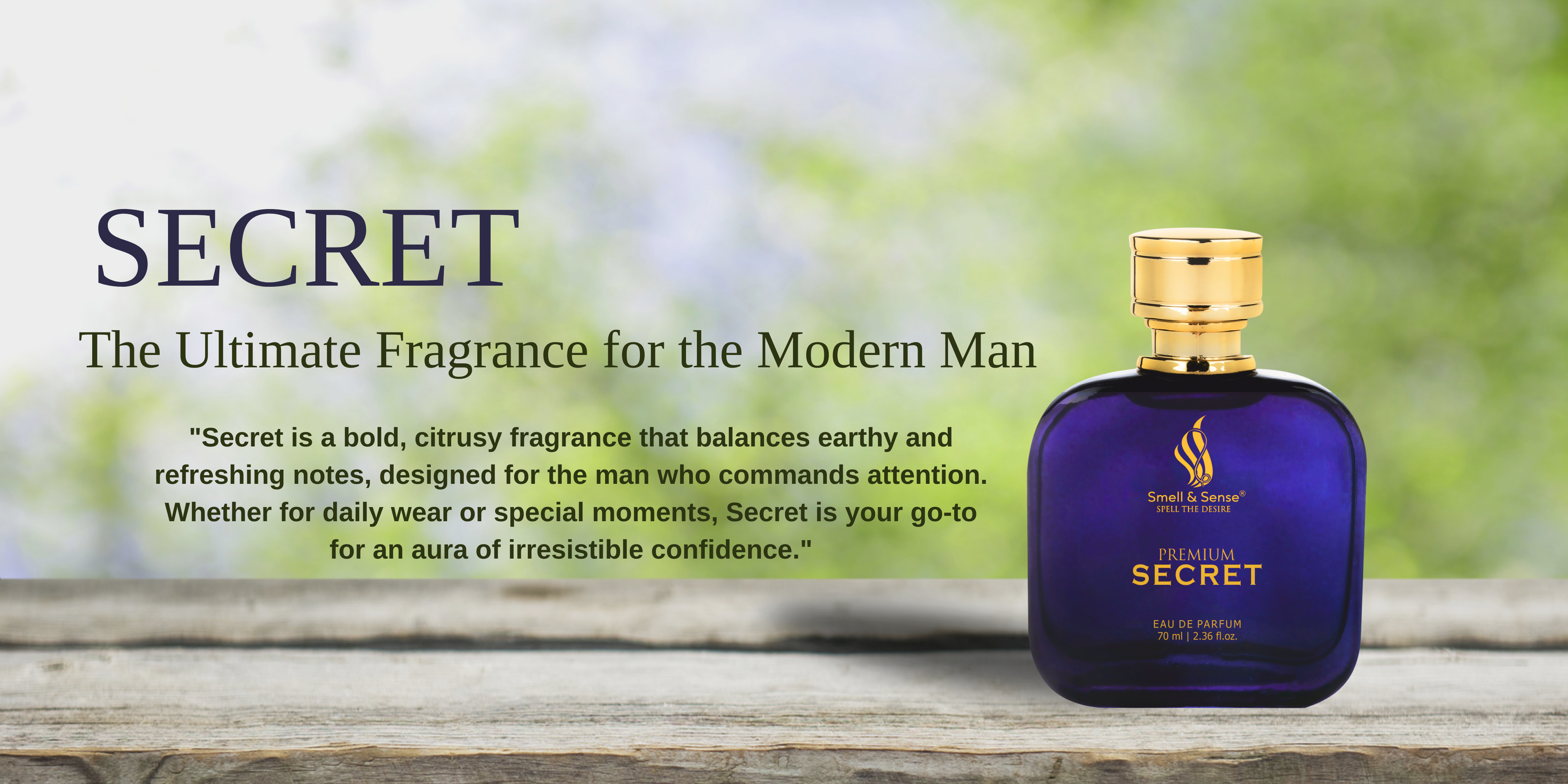 Secret perfume bottle featuring a bold citrus fragrance with earthy and refreshing notes, perfect for confident men seeking a sophisticated and unforgettable scent.