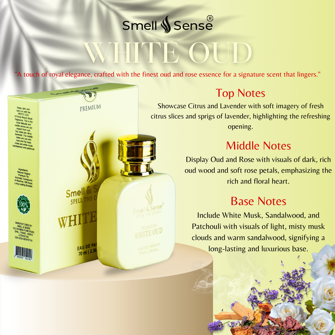 White Oud by Smell & Sense – a luxurious floral woody musk fragrance crafted for both men and women. With citrus, lavender, oud, rose, white musk, and sandalwood, this royal scent offers a modern, refined take on traditional oud, ideal for special occasions and daily luxury.