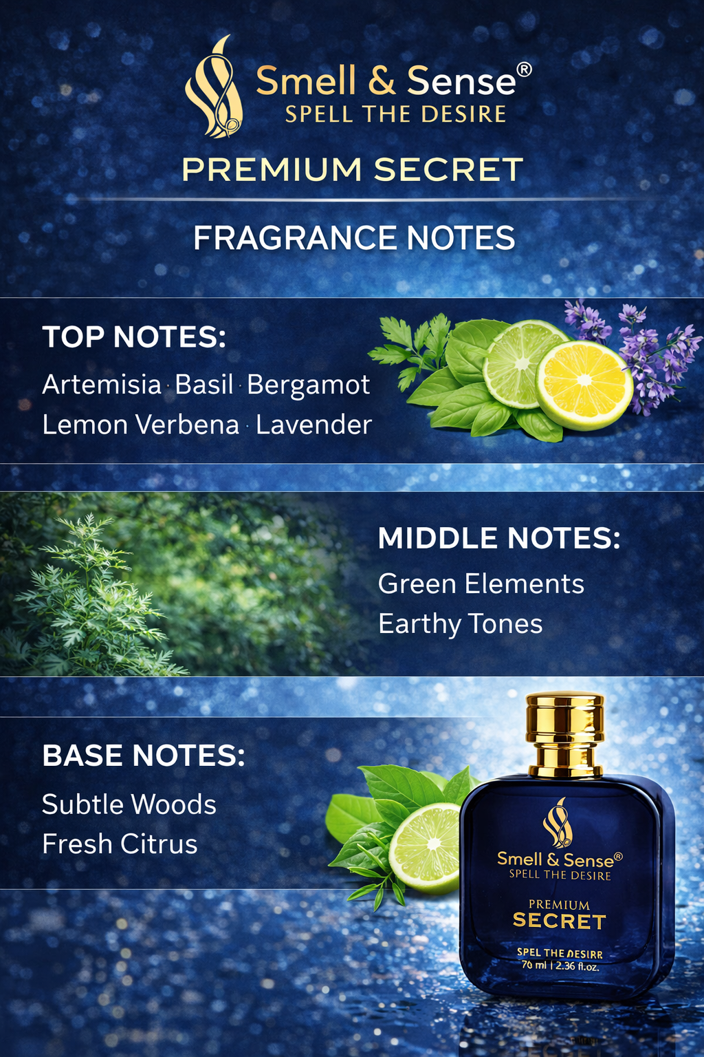 Smell & Sense Secret perfume notes – citrus, fresh, woody and green elements long lasting fragrance for men summer collection