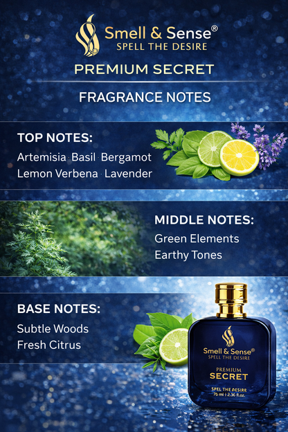 Smell & Sense Secret perfume notes – citrus, fresh, woody and green elements long lasting fragrance for men summer collection